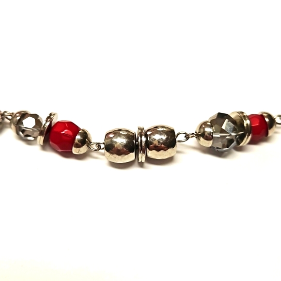 Vintage 80s Jules Long Necklace Lariet Style Red Beads & Smokey Quartz Crystals - Picture 9 of 16